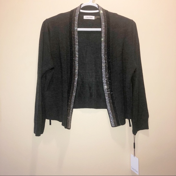 🆕HP! NEW Calvin Klein Rhinestone Studded Shrug Cardigan, Charcoal Gray, L - Picture 3 of 12